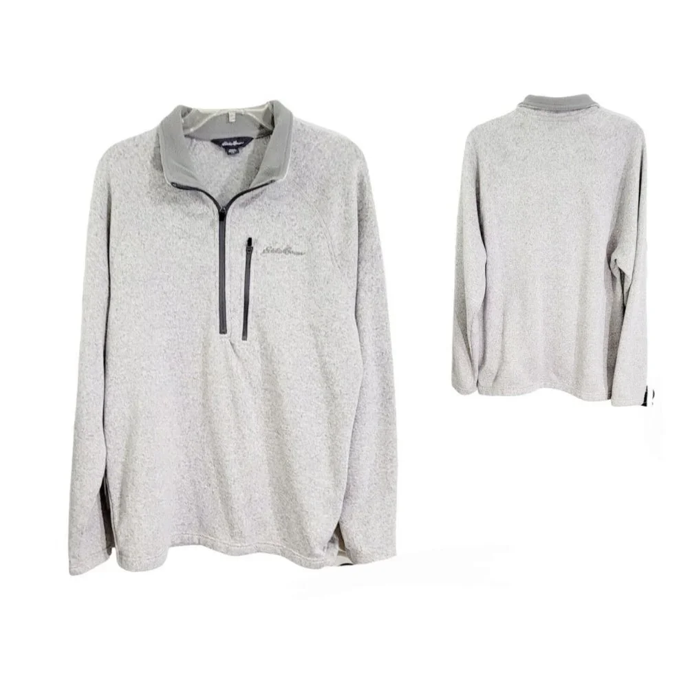 EDDIE BAUER Men’s Large Gray Fleece-Lined‎ Sweater Pullover 1/2 Zip Long Sleeve